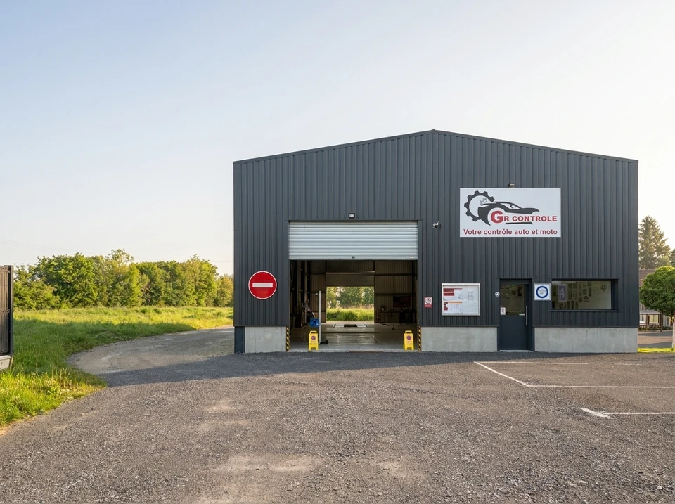 Centre de contrôle technique automobile et moto "GR Contrôle", bâtiment industriel en bardage métallique anthracite, entrée véhicules avec rideau métallique relevable, signalisation rouge sens interdit, cônes de balisage jaunes sur fosse de contrôle, tableau d'affichage réglementaire, parking bitumé