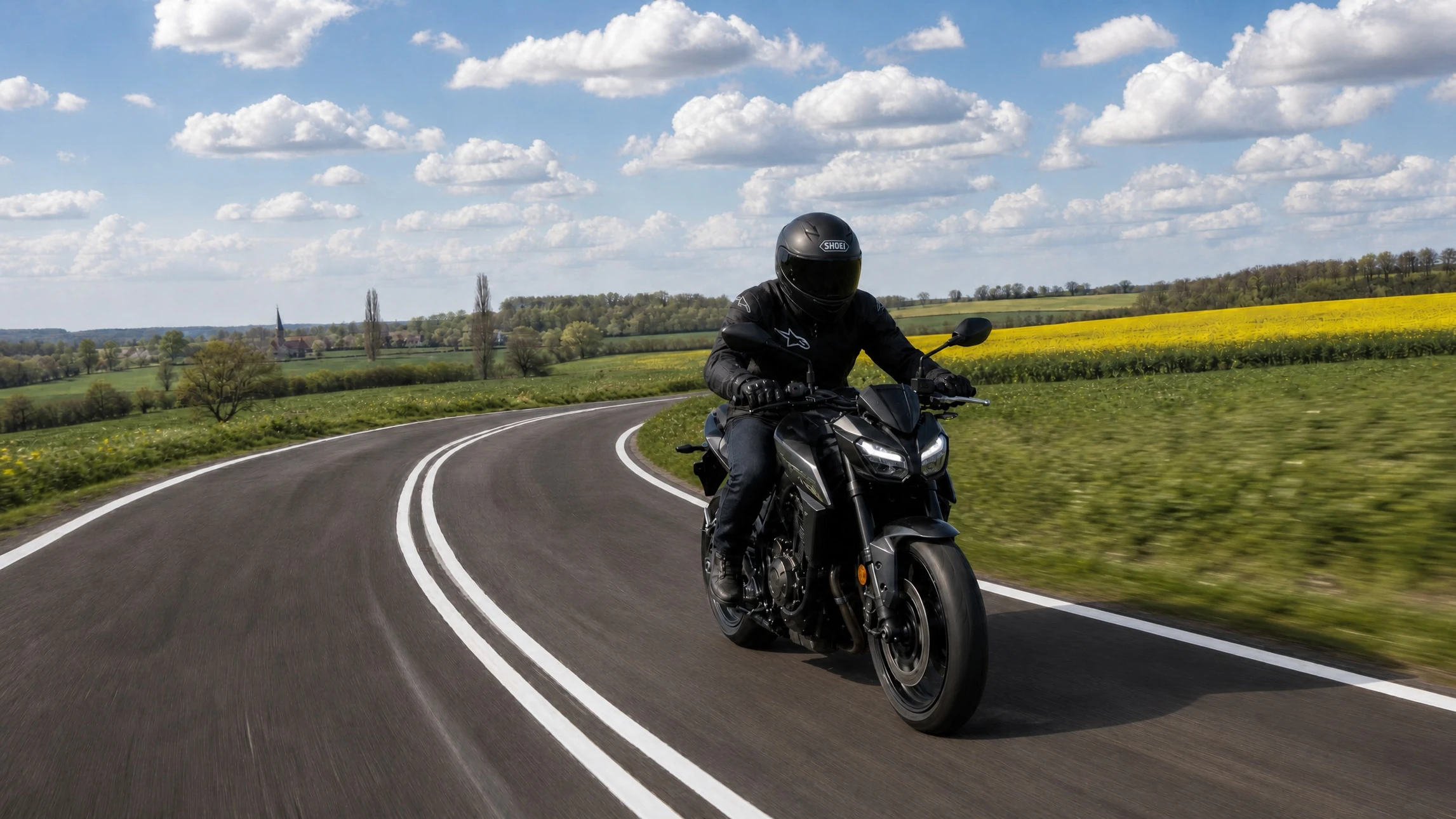 Motard en blouson de cuir et casque noir conduisant une moto cruiser sur route asphaltée bordée de végétation luxuriante